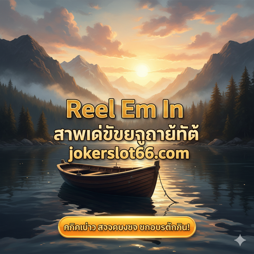 ภาพสรุปและกระตุ้นการตัดสินใจ (Call to Action - CTA) ที่ดึงดูดใจ ใช้ภาพวาดเรือตกปลาที่กำลังลอยอยู่ในทะเลสาบยามเช้า มีแสงอาทิตย์สาดส่องสวยงาม และมีตัวอักษรภาษาไทยขนาดใหญ่เป็นข้อความสรุปว่า 'Reel Em In รางวัลใหญ่ของคุณที่ jokerslot66.com' องค์ประกอบทั้งหมดควรดูพรีเมียมและน่าเชื่อถือ มีปุ่มจำลองขนาดใหญ่ที่ด้านล่างพร้อมข้อความ 'คลิกเพื่อสมัครและรับโบนัสตกปลา!' เน้นสีทองหรือสีส้มที่สว่างไสวเพื่อสื่อถึงความสำเร็จและโบนัส