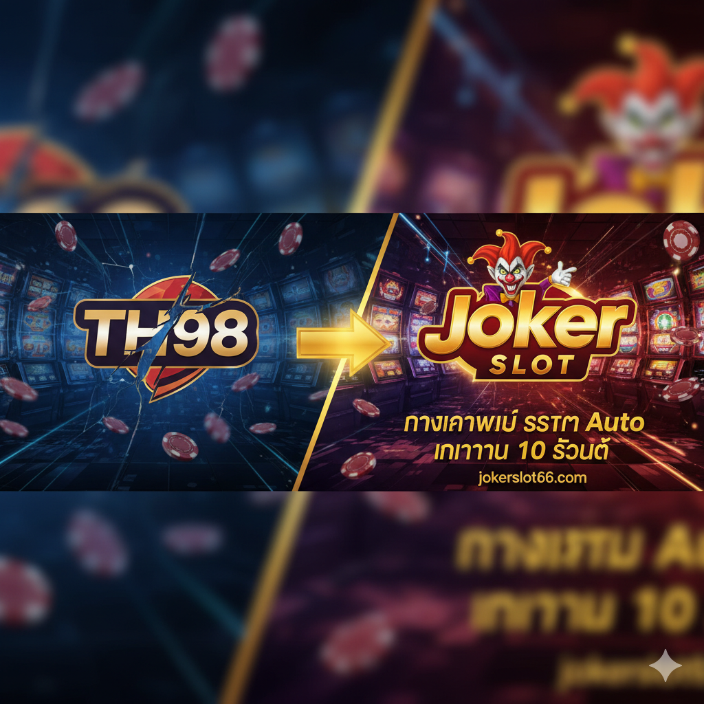 ภาพหน้าปกที่ดึงดูดสายตาสำหรับบทความ 'TH98 SLOT ทางเข้าเล่นล่าสุด' โดยเน้นการเปรียบเทียบและการย้ายแพลตฟอร์ม โทนสีหลักคือสีแดงทองของ Joker Slot ผสมกับสีน้ำเงินหรือม่วงเข้มเพื่อให้ดูหรูหราและน่าเชื่อถือ องค์ประกอบประกอบด้วย: โลโก้ 'TH98' ที่ดูซีดจางหรือไม่มั่นคงทางด้านซ้าย และโลโก้ 'Joker Slot' (jokerslot66) ที่สว่างไสวและโดดเด่นทางด้านขวา มีลูกศรชี้จาก 'TH98' ไปยัง 'Joker Slot' พร้อมข้อความเน้นว่า 'ทางเข้าใหม่ที่ดีกว่า' หรือ 'ระบบ Auto 10 วินาที' พื้นหลังเป็นภาพกราฟิกสไตล์คาสิโนที่มีแสงสว่างระยิบระยับแต่เน้นความรวดเร็วและมั่นคง