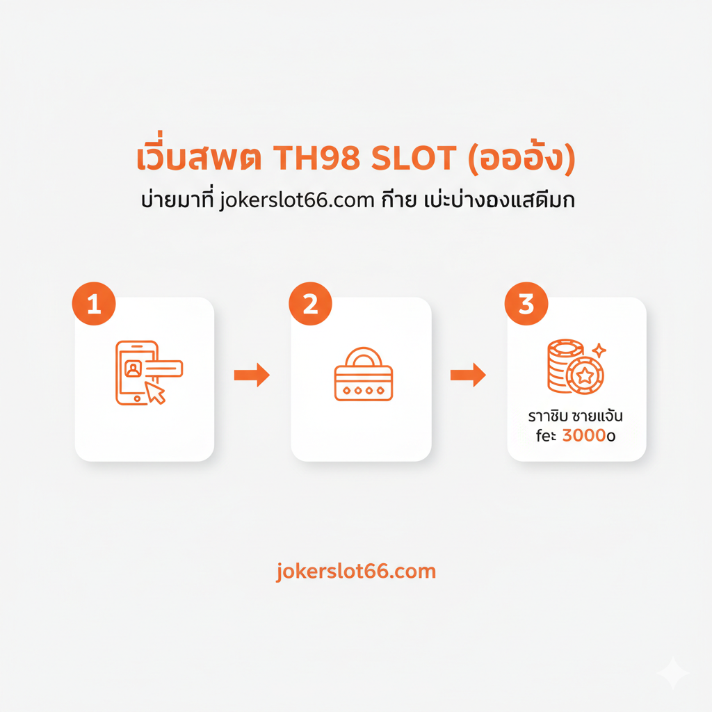 ภาพขั้นตอนการสมัครสมาชิกแบบง่ายและรวดเร็ว (Auto) สำหรับผู้เล่น TH98 SLOT ที่เปลี่ยนมาใช้ jokerslot66.com ใช้สไตล์อินโฟกราฟิกแบบมินิมอลที่มี 3-4 ขั้นตอนที่เข้าใจง่าย โทนสีขาวสะอาดและมีสีเน้นเช่นสีส้มหรือสีแดงเพื่อดึงดูดสายตา องค์ประกอบประกอบด้วย: ตัวเลข 1, 2, 3 ในช่องสี่เหลี่ยม หรือลูกศรชี้ตามลำดับ โดยมีไอคอนแสดงขั้นตอน เช่น 1. มือถือ (กรอกเบอร์), 2. กุญแจ (ตั้งรหัสผ่าน), 3. เหรียญ/ชิป (เริ่มเล่น/รับเครดิตฟรี) ภาพควรให้ความรู้สึกว่า 'ง่ายดาย' และ 'ไม่ต้องรอแอดมิน'
