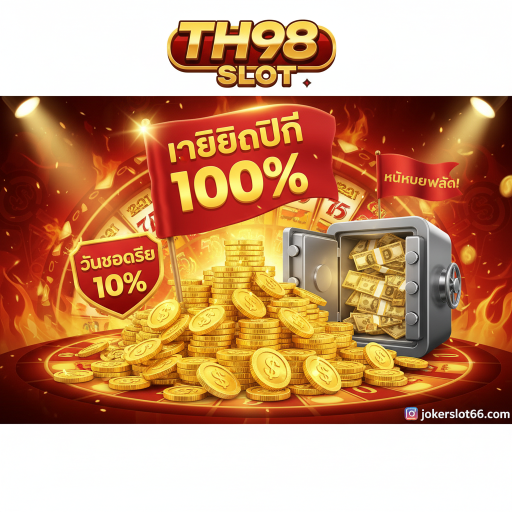 ภาพที่เน้นโปรโมชั่นที่เหนือกว่า โดยเฉพาะ 'เครดิตฟรี 100%' และ 'คืนยอดเสียสูงสุด' โทนสีแดงเพลิงหรือสีทองหรูหราเพื่อสื่อถึงโบนัสที่ร้อนแรง องค์ประกอบหลักคือตู้เซฟที่เปิดอยู่หรือกองเหรียญทองขนาดใหญ่ที่มีแสงสว่างเจิดจ้า มีป้ายกำกับข้อความสำคัญเช่น 'เครดิตฟรี 100%' และ 'คืนยอดเสีย 10%' วางอยู่บนเหรียญ หรือมีธงปักอยู่บนยอดกำไรที่พุ่งสูงขึ้น ภาพควรให้ความรู้สึกคุ้มค่าและเป็นข้อเสนอที่ 'ไม่ควรพลาด' สำหรับนักล่าโบนัสที่เคยเล่น TH98 SLOT มาก่อน