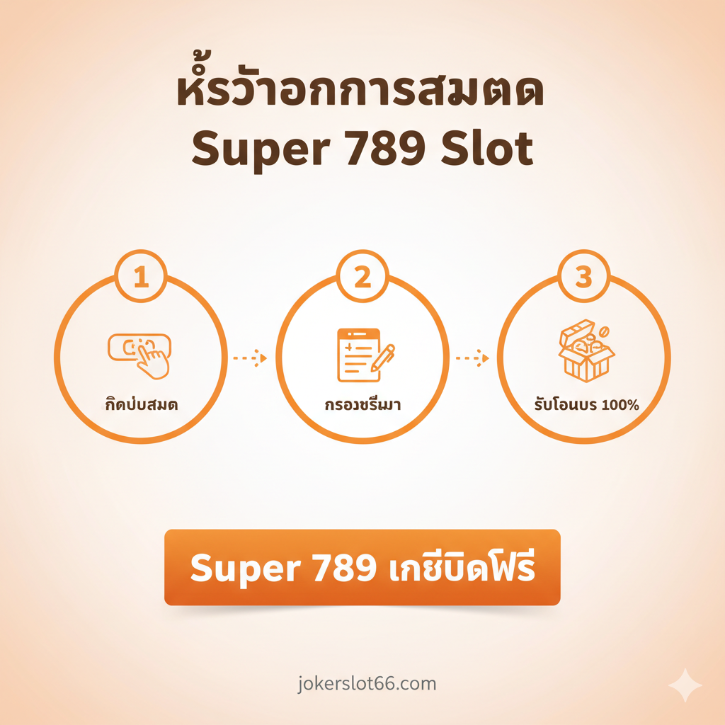 ภาพแสดงขั้นตอนการสมัคร Super 789 Slot แบบ 3 ขั้นตอน: คลิก, กรอกข้อมูล, รับโบนัส 100% พร้อมป้าย Super 789 เครดิตฟรี