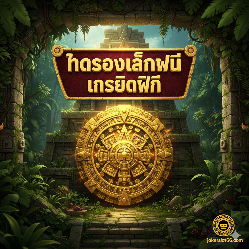 一张吸引สายตาของภาพปก สไตล์ 3D/ภาพประกอบคุณภาพสูง ที่เน้นวงล้อ Aztec Wheel ของสล็อต Aztec Spins ที่ส่องแสงสีทอง และมีฉากหลังเป็นป่าเขียวขจีและซากปรักหักพังของวิหารแอซเท็ก ข้อความภาษาไทยเด่นชัดว่า 'ทดลองเล่นฟรี' และ 'เครดิตฟรี' พร้อมโลโก้ jokerslot66.com