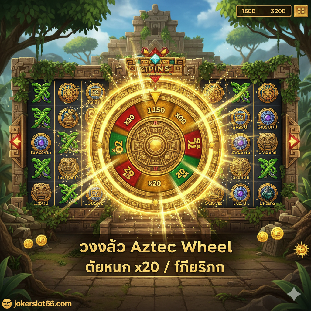 ภาพแสดงฟีเจอร์ Aztec Wheel ที่กำลังทำงาน โดยมีตัวชี้ไปที่ตัวคูณสูง (เช่น x20) หรือไอคอน Free Spins มีข้อความ 'วงล้อ Aztec Wheel' และ 'ตัวคูณ x20 / ฟรีสปิน' เป็นภาษาไทย