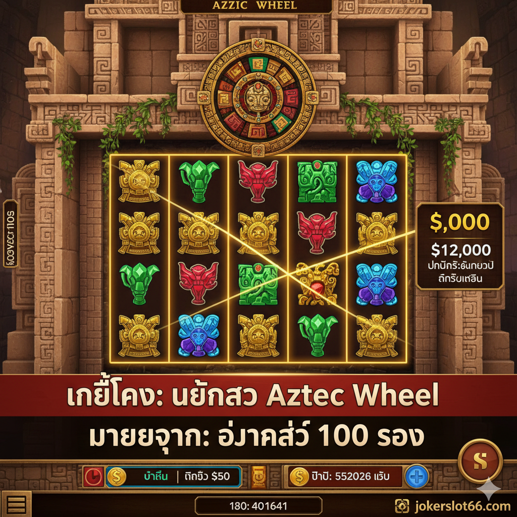 ภาพแสดงเลย์เอาต์เกม 6x4 พร้อมสัญลักษณ์แอซเท็ก และคำแนะนำภาษาไทยสั้นๆ ใต้ภาพ เช่น 'เคล็ดลับ: เน้นรอ Aztec Wheel' หรือ 'บริหารทุน: อย่างน้อย 100 รอบ'