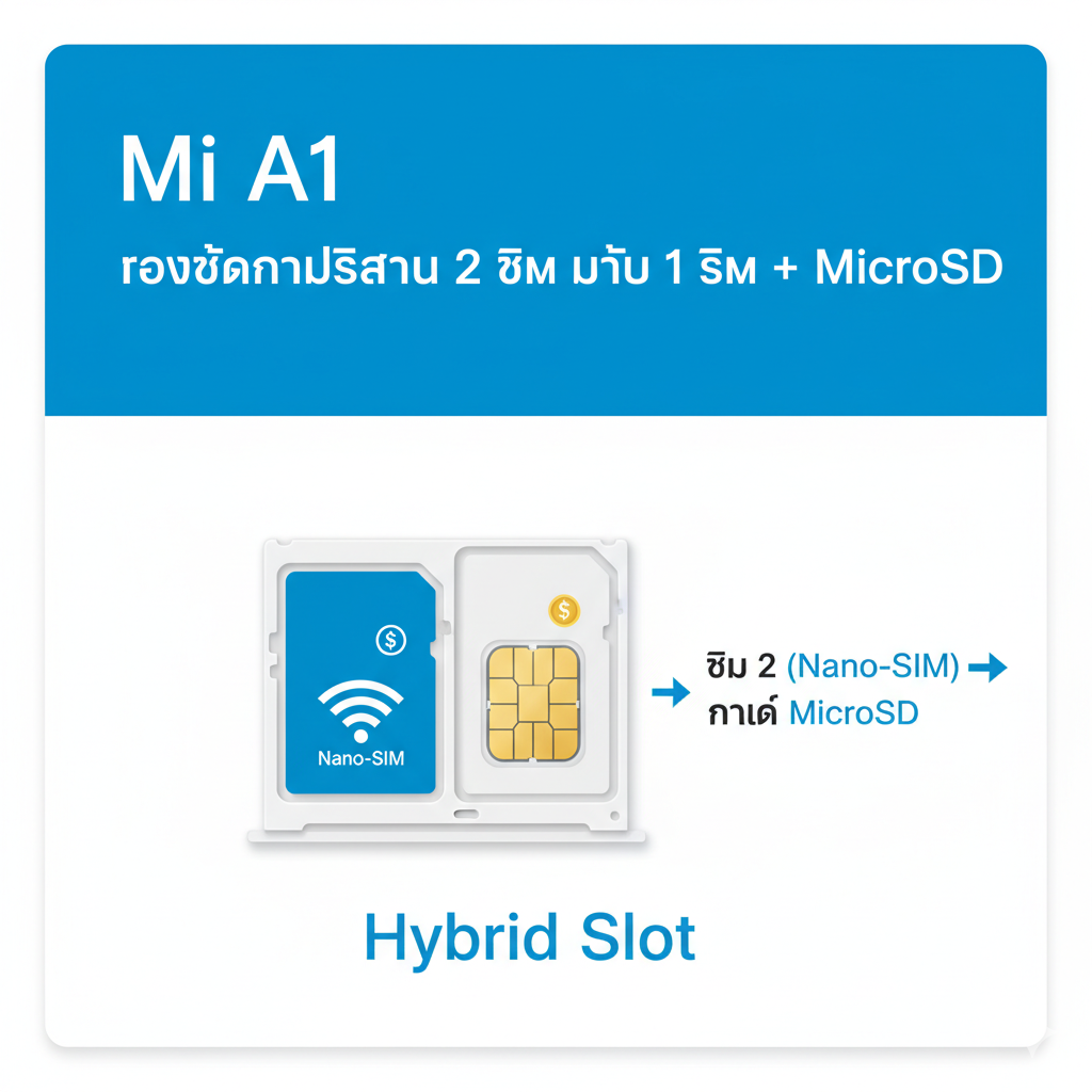 ภาพอินโฟกราฟิกแบบมินิมอลเพื่ออธิบาย Hybrid Slot โดยเฉพาะ ภาพวาดถาดซิมของ Mi A1 ที่แบ่งเป็นสองช่อง ช่องแรกมี Nano-SIM อยู่ และช่องที่สองมีลูกศรชี้ออกไปพร้อมตัวเลือกสองทาง: ทางเลือกที่ 1 คือ 'Nano-SIM 2' (ใช้ Dual SIM) และทางเลือกที่ 2 คือ 'MicroSD Card' (ใช้ขยายความจำ) ใช้สีฟ้าและสีขาวเป็นหลักเพื่อสื่อถึงเทคโนโลยีและความชัดเจน มีไอคอนเล็กๆ ของ 'สัญญาณ WiFi' และ 'เงิน' กำกับอยู่บนฝั่ง Dual SIM เพื่อเน้นย้ำถึงประโยชน์ในการเล่นเกม