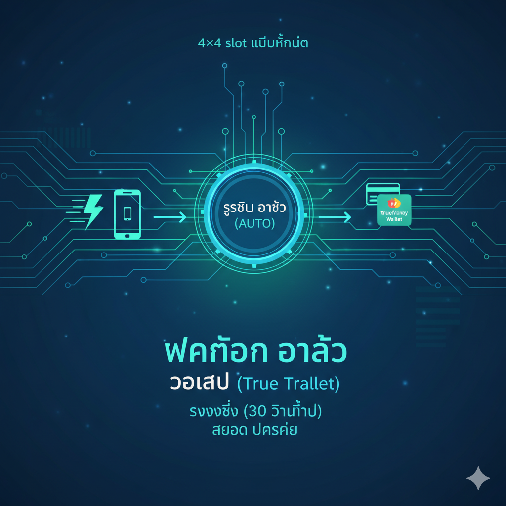 ภาพคุณสมบัติที่เน้น 'ฝากถอน ออโต้' และ 'วอเลท (True Wallet)' โดยมีแผนภาพขั้นตอนที่แสดงความเร็วและความสะดวกในการทำธุรกรรมผ่านระบบอัตโนมัติ