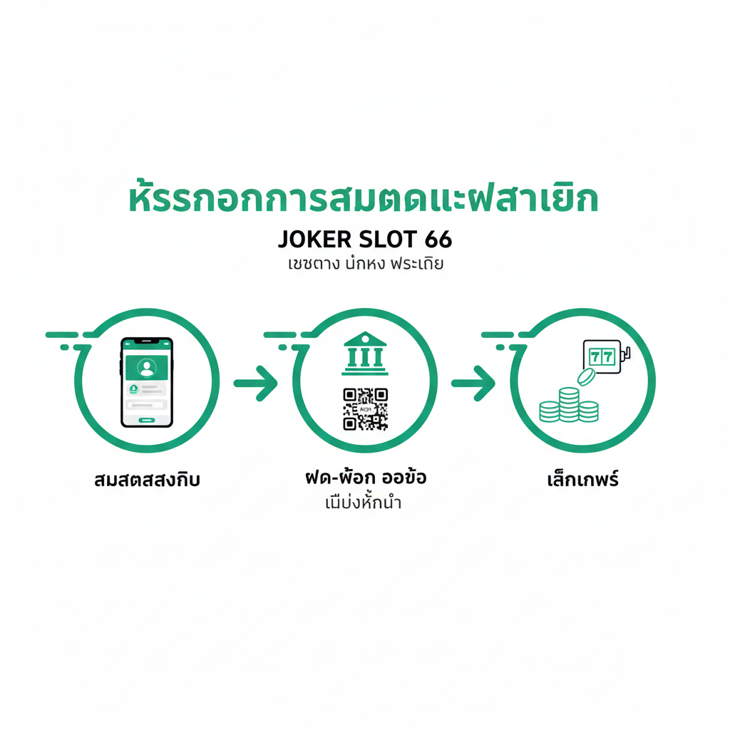 ภาพขั้นตอนการสมัครและฝากเงิน (Tutorial): ภาพอินโฟกราฟิกแบบง่ายๆ ที่แสดง 3 ไอคอนตามขั้นตอน: 1. รูปแบบโทรศัพท์มือถือที่มีหน้าจอสมัครสมาชิก 2. รูปสัญลักษณ์ธนาคาร/โลโก้ QR Code (สื่อถึงการฝาก-ถอนออโต้) 3. รูปเหรียญทองหล่นลงในสล็อตแมชชีน องค์ประกอบทั้งหมดเชื่อมโยงกันด้วยลูกศร เน้นความรวดเร็วและ 'ไม่มีขั้นต่ำ' ใช้โทนสีเขียวสดใส (Emerald Green) ตัดกับสีขาวเพื่อแสดงความง่ายและมั่นคงของระบบฝาก-ถอนออโต้ของ Joker Slot 66.