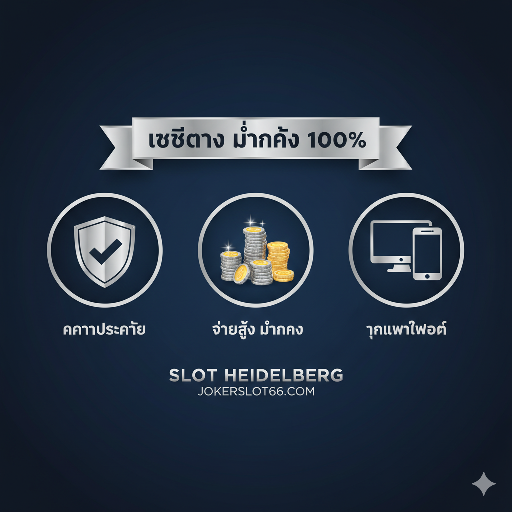 ภาพแสดงจุดเด่นและข้อได้เปรียบ (Advantage): ภาพแสดงสัญลักษณ์ความน่าเชื่อถือ 3 อย่างรวมกัน: 1. รูปโล่ที่มีเครื่องหมายถูก (Security) 2. รูปเหรียญเงิน/ทองซ้อนกันเป็นปึก (High Payout / Stable Finance) 3. รูปคอมพิวเตอร์และโทรศัพท์มือถือ (All Platform Access) จัดเรียงในรูปแบบ 3 คอลัมน์/วงกลม เน้นการใช้คำว่า 'เว็บตรง' และ 'มั่นคง 100%' เป็นภาษาไทย/อังกฤษเล็กน้อย โทนสีเน้นความน่าเชื่อถือ เช่น สีน้ำเงินกรมท่าและสีเทาเงิน (Navy Blue and Silver) เพื่อสร้างความมั่นใจให้ผู้เล่น.