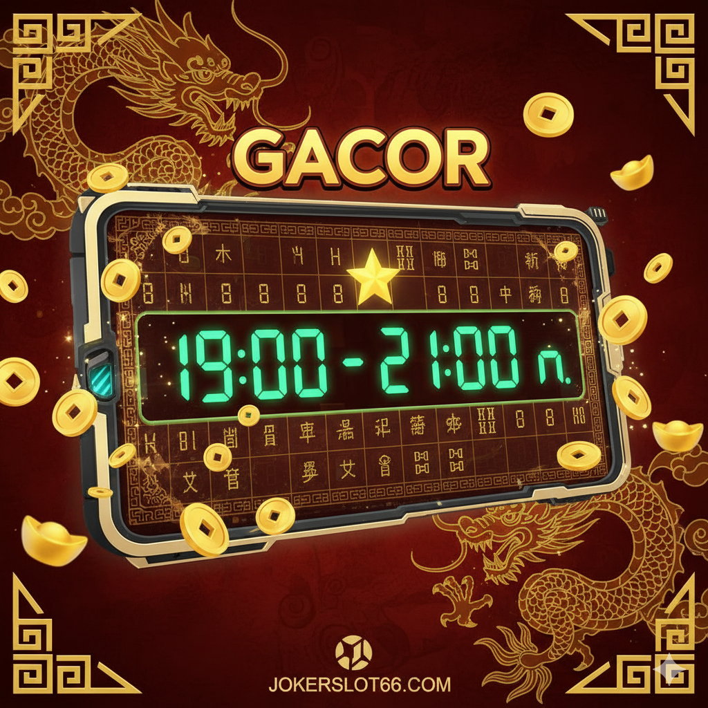 ภาพที่แสดงตารางเวลา 'Gacor' ที่ดึงดูดสายตาอย่างชัดเจน ในรูปแบบของนาฬิกาดิจิทัลหรือตารางเวลาที่มีไฮไลท์สีทองหรือสีเขียวนีออน ตัวเลขช่วงเวลา '19:00 - 21:00 น.' ถูกเน้นเป็นพิเศษ พร้อมกับสัญลักษณ์ดาว 5 ดวง และเหรียญทองที่พุ่งออกมาจากหน้าจอ แสดงถึง 'เวลาทอง' ในการเล่น มีพื้นหลังเป็นลวดลายมังกรจีนแบบละเอียดอ่อน เพื่อสื่อถึงโอกาสและฟีเจอร์การจ่ายรางวัลที่สูง