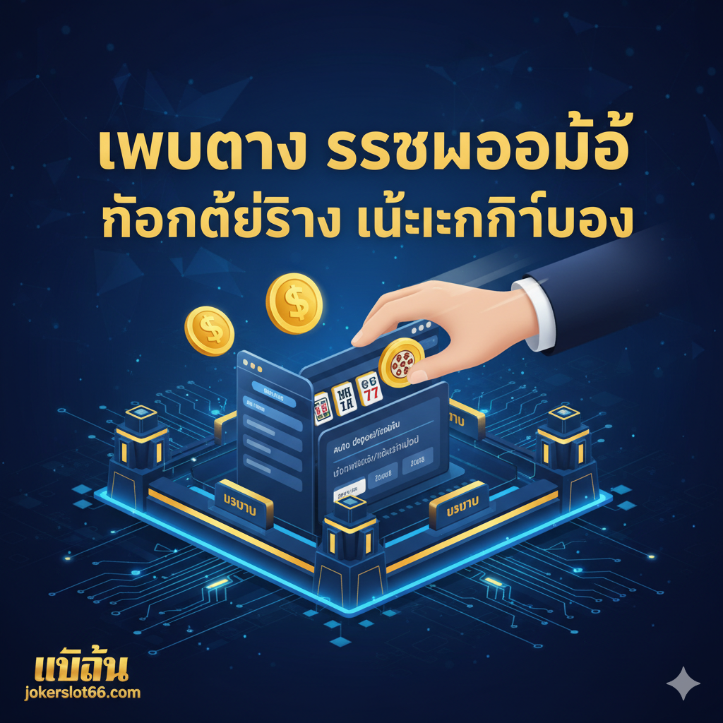 ภาพที่เน้นย้ำความน่าเชื่อถือของ Jokerslot66 ในฐานะ 'เว็บตรง' โดยมีองค์ประกอบของความมั่นคงทางการเงินและระบบอัตโนมัติ แสดงภาพมือที่กำลังโอนเหรียญทองขนาดใหญ่เข้าสู่บัญชีธนาคารอย่างรวดเร็ว (Auto Deposit/Withdrawal) มีข้อความ 'เว็บตรง ระบบออโต้' และ 'ถอนได้จริง ไม่จำกัดยอด' เป็นภาษาไทยอยู่ด้านบน ใช้โทนสีน้ำเงินเข้มและสีทองเพื่อสื่อถึงความปลอดภัยทางการเงินและความมั่นคงของเว็บไซต์