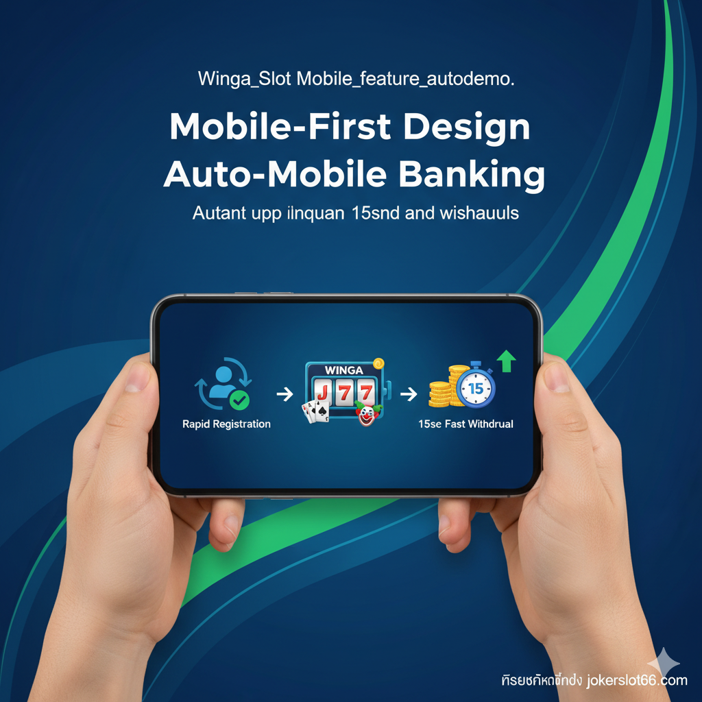 功能特性图，突出**'Mobile-First Design'和'Auto-Mobile Banking'。画面主体是一个双手握持的智能手机**，手机屏幕上以三段式流程图或图标展示：1. 快速注册图标 2. 游戏画面图标（Winga/Joker Slot风格） 3. 15秒快速提款的图标（带有金钱和时钟元素）。背景使用流畅的蓝色和绿色线条，代表速度和科技感。整体构图简洁，强调免下载、快速注册และ15秒自动存取款، 并用小字ใน角落注明jokerslot66.com平台提供此服务。