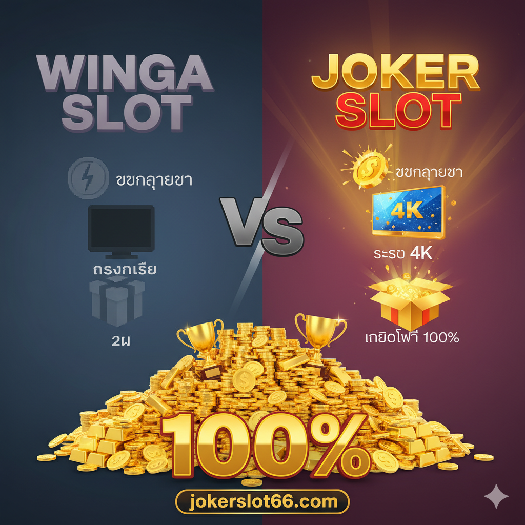 优势特点图，侧重于Joker Slot的优势对比和高额奖金。构图是一个**'VS'（对比）结构，左侧用较暗淡的图标代表Winga Slot**，右侧用更明亮、更优质的图标代表Joker Slot/jokerslot66.com，突出**'แตกง่ายกว่า' (更容易爆奖)、'ระบบ 4K' (4K画质)และ'เครดิตฟรี 100%' (100%免费信用额度)。画面上方是巨大的'Winga Slot'และ'Joker Slot'文字对比，下方是成堆的金币、奖杯**，以及一个100%的巨大数字标识，传递商业吸引力。