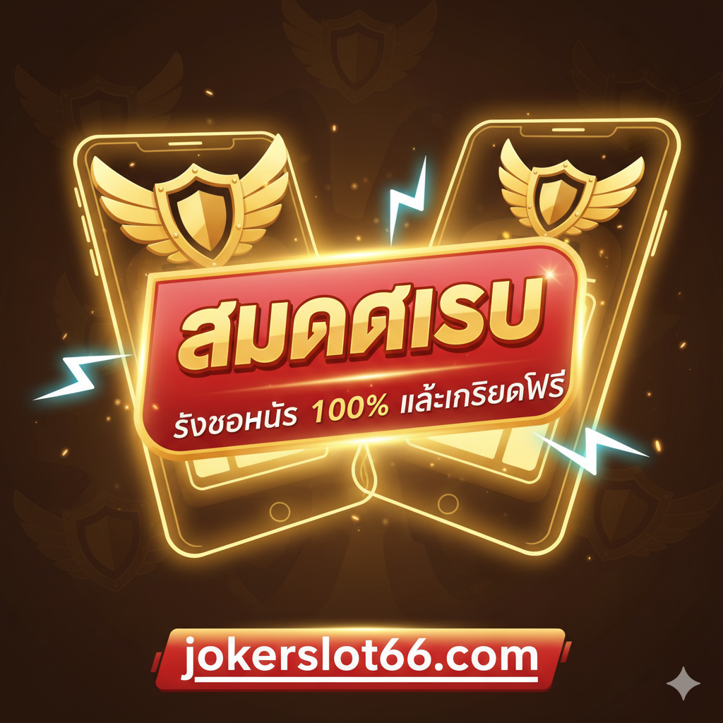 总结和行动号召(CTA)图,鼓励用户立即注册。画面中心是一个巨大的、闪耀的'สมัครเลย' (立即注册)按钮,配上'รับโบนัส 100% และเครดิตฟรี' (领取100%红利和免费信用额度)的泰语文字。背景是抽象化的移动端设备轮廓,周围环绕ด้วย象征速度และความปลอดภัย的盾牌和闪电图标。整体风格明亮、具有说服力,使用红色、金色、白色等高对比度色彩,并在底部显眼处放置jokerslot66.com的网址,用作文章的有力收尾。