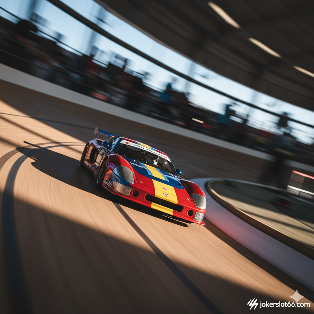 一张极具ความ động de 封面图, 展示一辆高度精细的 1/24 比例专业级槽车（Slot Car）在木质赛道上高速过弯的瞬间。赛车模型应是经典赛车样式, 色彩鲜艳, 具有金属光泽。背景应模糊处理以营造速度感（Motion Blur）, 重点突出赛车和赛道的光影细节。构图采用低角度拍摄, 让赛车显得更加巨大和有冲击力。画面右下角或角落可以巧妙地融入一个非常小的、带有速度感设计的 'jokerslot66.com' 标志, 以符合站点策略。整体风格应是专业、激情且充满速度感的。