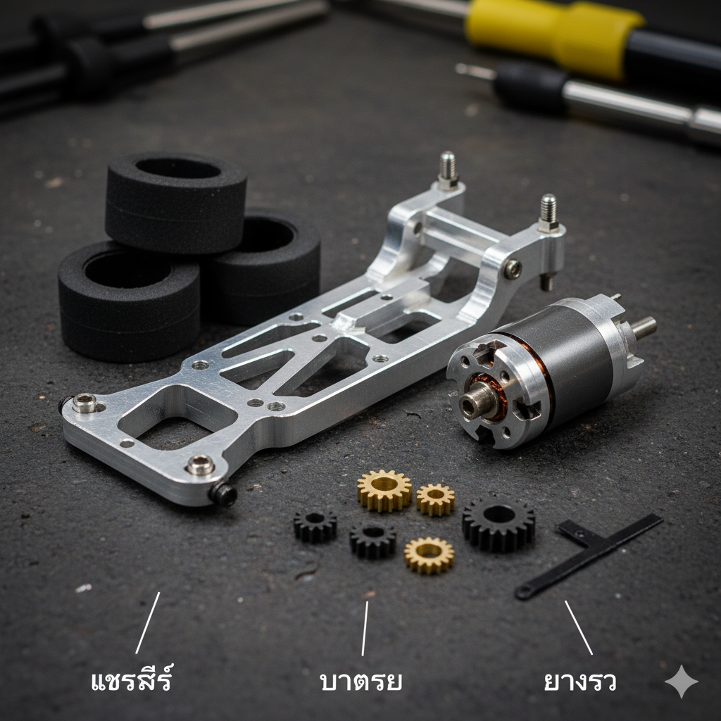 功能/结构图。以拆解或特写方式展示 1/24 槽车的关键机械部件, 呼应文章中对 'Chassis' 和 'Motor' 的介绍。画面中央是一个高精度、可调节的金属底盘（Metal/Aluminum Chassis）和一颗高性能电机（Motor）。周围散落着轮胎（Foam Tires）、齿轮和导向片（Guide Flag）。使用清晰的微距摄影, 突出部件的工程美感和复杂性, 例如精密的焊接点และ打磨光滑的อลูมิเนียม部件。背景为专业工具台或黑色的背景, 营造出技术และ精准的氛围。图片下方可附带简洁的泰语标签指明 'Chassis', 'Motor', 'Tires'。