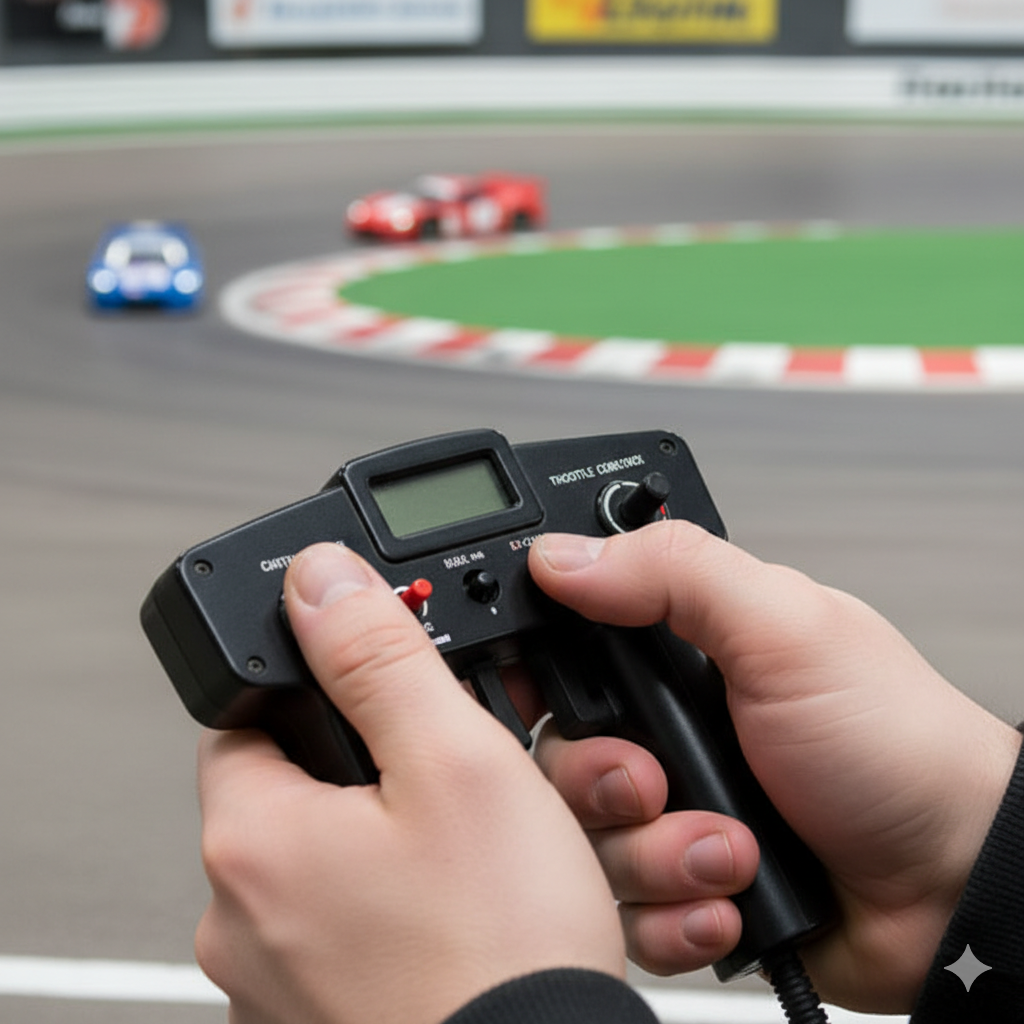 教程指导图, 重点展示赛车手控制技巧。画面主体应是一个手持专业级赛车控制器（Controller）的手, 手指正在微妙地控制扳机。前景模糊, 焦点集中在控制器和手部的动作上。背景可以是一个赛道画面, 最好是赛车正在一个技术性弯道中。图片应着重于“控制”และ“精确”, 强调文章中提到的 'Throttle Control' และ 'Braking Point'。整体光线明亮, 突出控制的细节, 暗示需要精细的输入才能获得最佳性能。风格应是指导性且实用的。