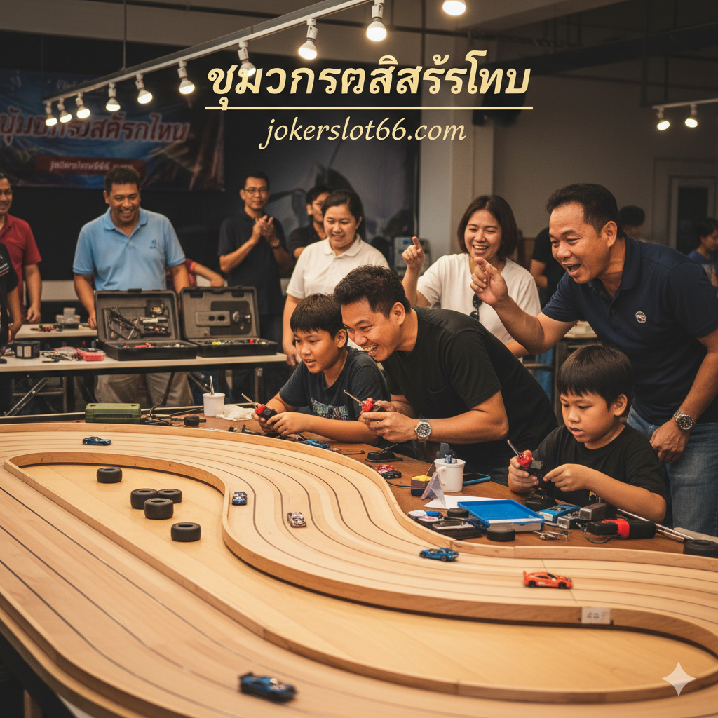 优势/社区图, 展示 1/24 槽车竞赛的社交和竞争优势。画面应是一个充满活力的室内赛车场, 几位不同年龄的赛车爱好者(展现出泰国人的面孔更佳)正站在大型木制赛道旁, 专注地观看或操控他们的赛车。可以捕捉到有人在欢呼或交流的瞬间, 体现出 'ชุมชน slot car ไทย'(泰国槽车社区)的热情。焦点可以放在一个参赛者正在用控制手柄全神贯注地比赛, 背景中能看到其他人的装备和赛车工具箱。整体色彩温暖, 充满乐趣和友谊的氛围, 间接展示出这种爱好在 'jokerslot66.com' 的支持下所带来的社群体验。