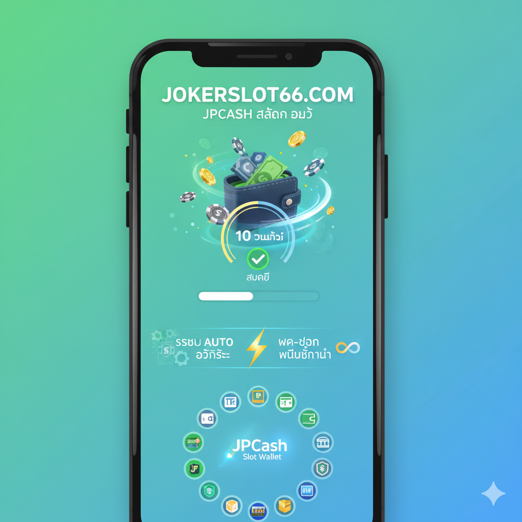 ภาพแสดงคุณสมบัติ, เน้น “ระบบ Auto อัจฉริยะ” และ “ฝาก-ถอน ไม่มีขั้นต่ำ”. หน้าจอควรเป็นดีไซน์ที่ลื่นไหลและทันสมัย, แสดงหน้าจอมือถือหรือคอมพิวเตอร์, มีตัวจับเวลาแสดง “10 วินาที” และ “สำเร็จ (Success)”. ด้านล่างหรือด้านข้างของหน้าจอควรมีไอคอนธนาคารหรือกระเป๋าเงิน (เช่น ไอคอนที่เป็นนามธรรมของ JPCash Slot Wallet) ล้อมรอบสัญลักษณ์ “ไม่จำกัด”. ใช้สีเขียวและน้ำเงินสดใสเป็นสัญลักษณ์ของความเร็วและประสิทธิภาพ. การจัดองค์ประกอบควรเน้นไปที่ความเร็วปานสายฟ้าของการทำธุรกรรมอัตโนมัติและการใช้งานที่เป็นมิตรต่อผู้ใช้.