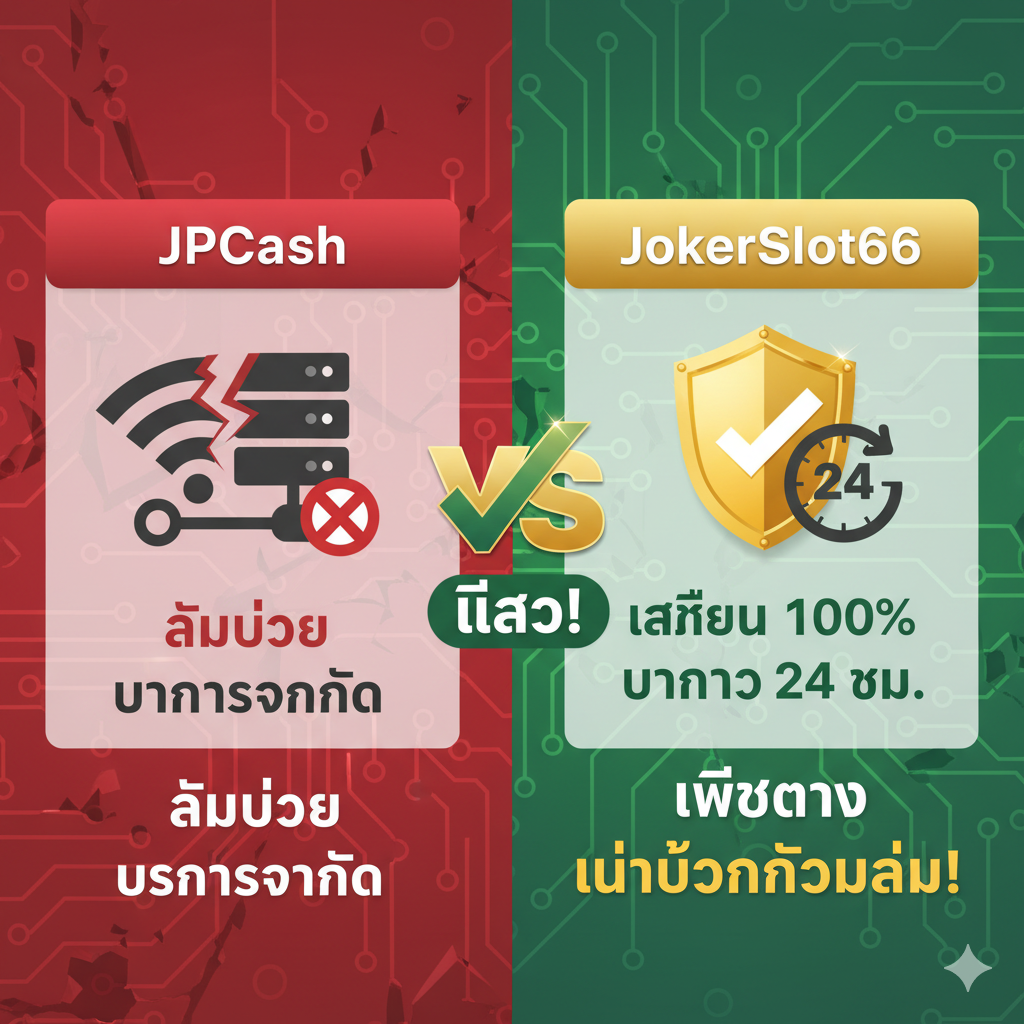 ภาพเปรียบเทียบข้อได้เปรียบ, อ้างอิงจากเนื้อหาในตารางของบทความ. ใช้รูปแบบการจัดองค์ประกอบแบบเปรียบเทียบซ้ายขวา, ด้านซ้ายแทน JPCash, ใช้โทนสีแดง/เทา, ไอคอนแสดงเส้นเชื่อมต่อที่ถูกตัดหรือไอคอนเซิร์ฟเวอร์ที่ถูกกากบาท (เป็นสัญลักษณ์ของ “ความไม่เสถียร/ล่ม”). ด้านขวาแทน JokerSlot66, ใช้โทนสีทอง/เขียว, ไอคอนแสดงโล่ที่แข็งแกร่งหรือนาฬิกา 24 ชั่วโมง (เป็นสัญลักษณ์ของ “เสถียร 100%” และ “24 ชม.”). ตรงกลางควรมีสัญลักษณ์ “VS” หรือ “✅ เลือก!” ขนาดใหญ่, เน้นย้ำชัยชนะที่ชัดเจนของ JokerSlot66 ในด้าน “ความเสถียร” และ “บริการ”. เน้นย้ำ “เว็บตรง” และ “ไม่ต้องกลัวล่ม”.