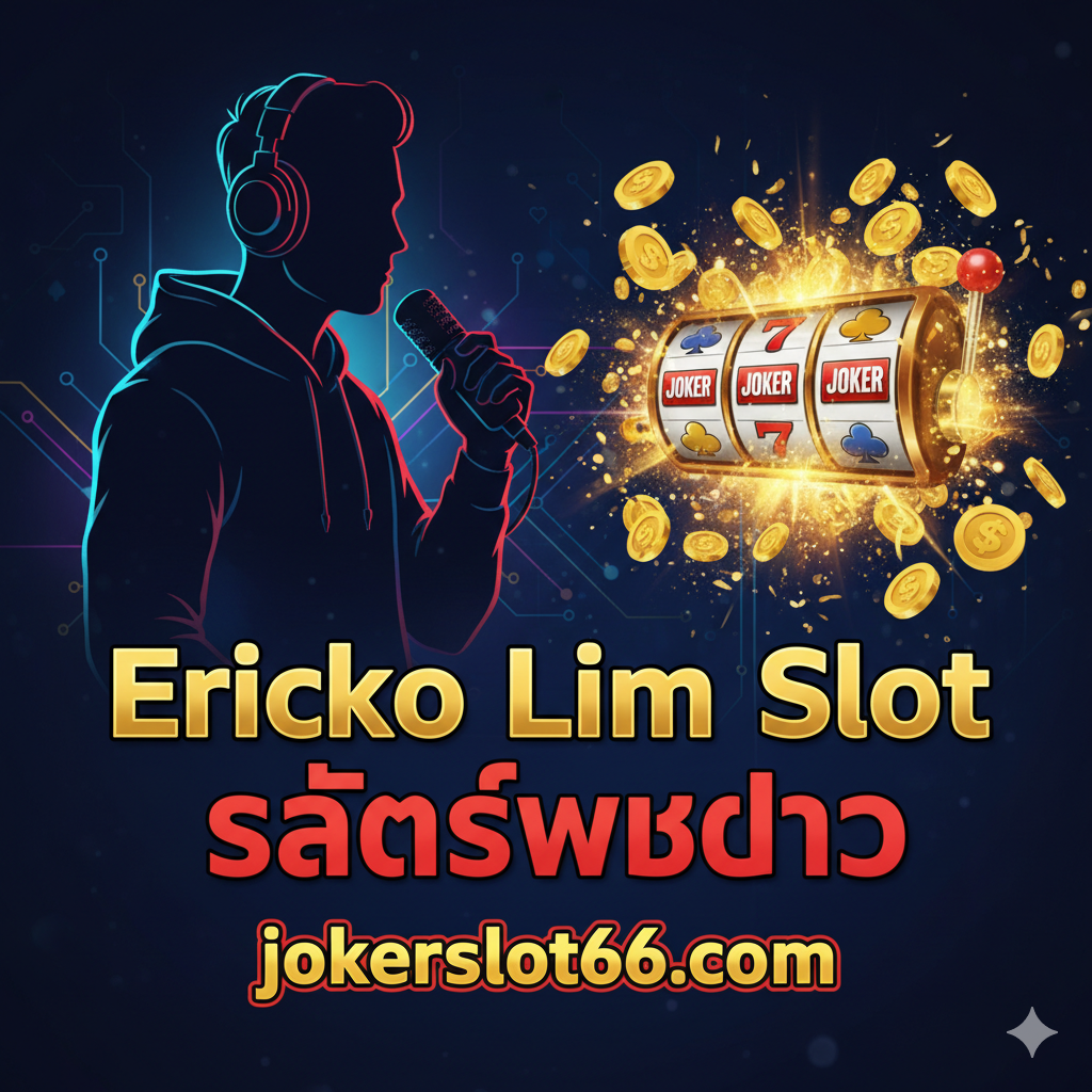 ภาพหน้าปกที่ดึงดูดความสนใจโดยเน้นการเชื่อมโยงระหว่าง Ericko Lim และสล็อตออนไลน์ ภาพควรมีพื้นหลังสีดำหรือน้ำเงินเข้มที่มีแสงนีออน (Neon) ส่องประกายเพื่อสื่อถึงโลกของเกมมิ่งและคาสิโนออนไลน์ ด้านซ้ายแสดงภาพกราฟิกแบบกึ่ง Silhouette ของสตรีมเมอร์เกมมิ่งที่กำลังถือไมค์หรือหูฟัง (สื่อถึง Ericko Lim) ส่วนด้านขวามีสัญลักษณ์ของเครื่องสล็อต (Slot Machine) ที่กำลังมีสัญลักษณ์ 'JOKER' แตกออกมาเป็นเหรียญทองขนาดใหญ่และโลโก้ 'jokerslot66.com' ตัวอักษรใช้ฟอนต์สไตล์เกมมิ่งที่เป็นตัวหนาสีทองหรือสีแดงสดใส พร้อมข้อความเน้นว่า 'Ericko Lim Slot สล็อตเว็บตรง' เพื่อสื่อถึงความตื่นเต้นและความน่าเชื่อถือ