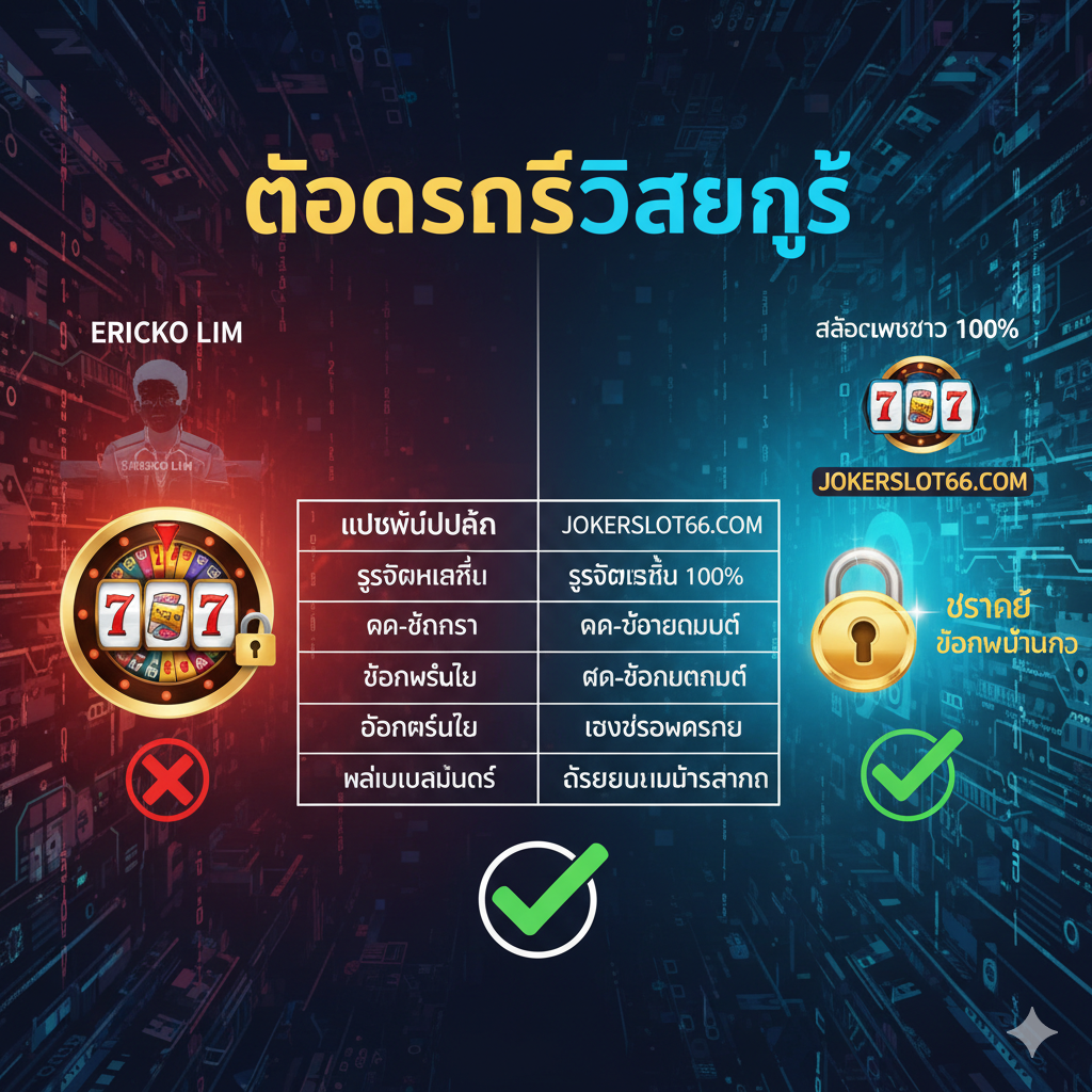 ภาพประกอบส่วนเปรียบเทียบคุณสมบัติ (ตาราง) โดยใช้คอนเซ็ปต์ 'ถอดรหัส' (Decode/Analysis) พื้นหลังเป็นวงจรดิจิทัลหรือเส้นสาย Matrix สีเข้ม ภาพแบ่งเป็นสองส่วนด้วยเส้นแบ่งแนวตั้งที่ชัดเจน ส่วนซ้ายเป็นสีโทนแดง/ส้มที่สื่อถึง 'ดราม่า/ความเสี่ยง' (เว็บไซต์ในดราม่า) ส่วนขวาเป็นสีโทนฟ้า/เขียวที่สื่อถึง 'ความปลอดภัย/ความมั่นคง' (jokerslot66.com) มีไอคอนกุญแจล็อคขนาดใหญ่และโลโก้ 'สล็อตเว็บตรง 100%' อยู่ทางฝั่ง jokerslot66.com เพื่อเน้นย้ำถึงความน่าเชื่อถือและความปลอดภัยของข้อมูล
