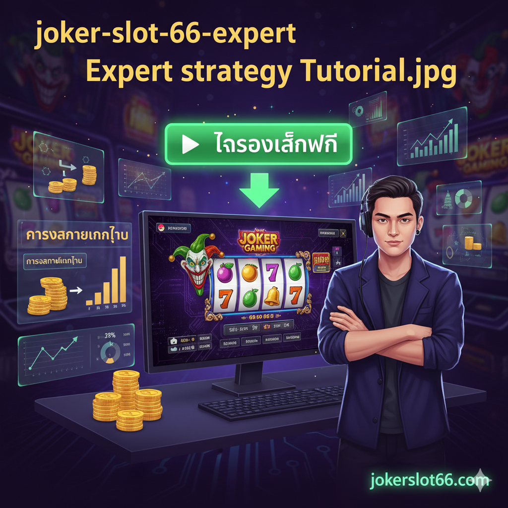 ภาพแสดงเคล็ดลับการเล่นสล็อตแบบมืออาชีพหรือ 'สูตรสล็อต' สไตล์สตรีมเมอร์ เน้นที่องค์ประกอบของ Joker Gaming ในภาพ เช่น สัญลักษณ์โจ๊กเกอร์หรือฉากจากเกมยอดนิยมของค่าย ภาพควรมีกราฟิกแสดง 'การจัดการเงินทุน' โดยมีกองเหรียญที่ถูกจัดสรรอย่างเป็นระเบียบ และไอคอน 'ทดลองเล่นฟรี' ที่เป็นรูปปุ่ม Play สีเขียวขนาดใหญ่ มีลูกศรชี้ไปที่หน้าจอคอมพิวเตอร์ที่กำลังแสดงผลของเกมสล็อต ภาพมีสไตล์ที่ดูเป็นมืออาชีพ มีข้อมูลเชิงสถิติ (Charts/Graphs) เล็กๆ ลอยอยู่ในอากาศรอบๆ เพื่อสื่อถึงการวิเคราะห์และกลยุทธ์ที่ทำเงินได้จริง