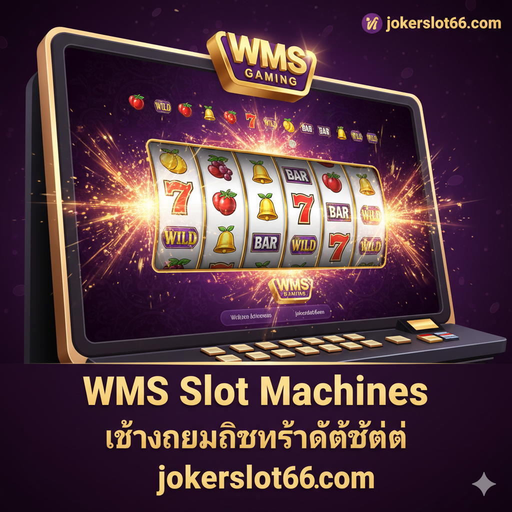 ภาพหน้าปกสไตล์หรูหราและพรีเมียมสำหรับการแนะนำสล็อต WMS (Williams Interactive) โดยเน้นสีทองและม่วงเข้ม ภาพควรแสดงตู้สล็อตแมชชีน WMS รุ่นคลาสสิกที่แปลงเป็นหน้าจอออนไลน์ขนาดใหญ่ ด้านหลังมีโลโก้ WMS Gaming และโลโก้ jokerslot66.com ขนาดเล็กอย่างชัดเจน องค์ประกอบของภาพควรมีการส่องสว่างจากสัญลักษณ์ 'Wild' และ 'Jackpot' ที่กำลังระเบิดประกายไฟเบาๆ มีข้อความหลักเป็นภาษาไทยว่า 'WMS Slot Machines เล่นเกมลิขสิทธิ์แท้ที่ jokerslot66' เพื่อดึงดูดความสนใจจากผู้เล่น การจัดองค์ประกอบควรเป็นแบบ Dynamic Composition เพื่อสื่อถึงความตื่นเต้นและชัยชนะ