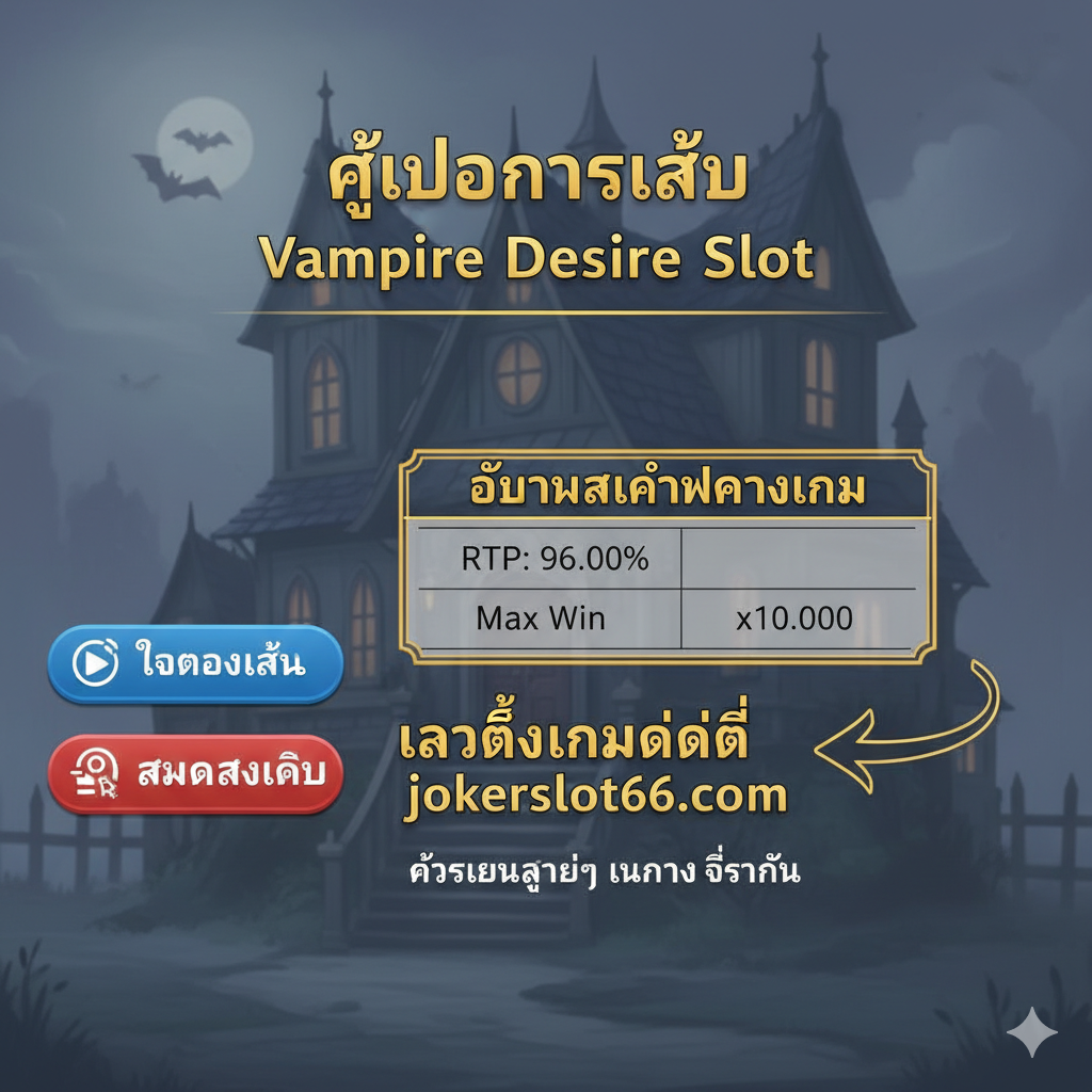 ภาพแนวการสอนที่แสดงขั้นตอนง่ายๆ ในการเริ่มต้นเล่นเกม ที่มุมซ้ายมีไอคอนปุ่ม 'ทดลองเล่น' และ 'สมัครสมาชิก' ที่ชัดเจน พร้อมกับกราฟิกที่เรียบง่ายของตารางข้อมูลสำคัญ เช่น RTP 96.00% และ Max Win x10,000 เพื่อแสดงถึงข้อมูลสำคัญของเกม (Payout Metrics). ภาพรวมควรดูสะอาดตาและมีโครงสร้างคล้าย Infographic โดยมีฉากหลังเป็นภาพนิ่งของคฤหาสน์แวมไพร์แบบอ่อนๆ เน้นข้อความภาษาไทยที่อ่านง่ายเกี่ยวกับการเข้าถึงเกมที่ jokerslot66.