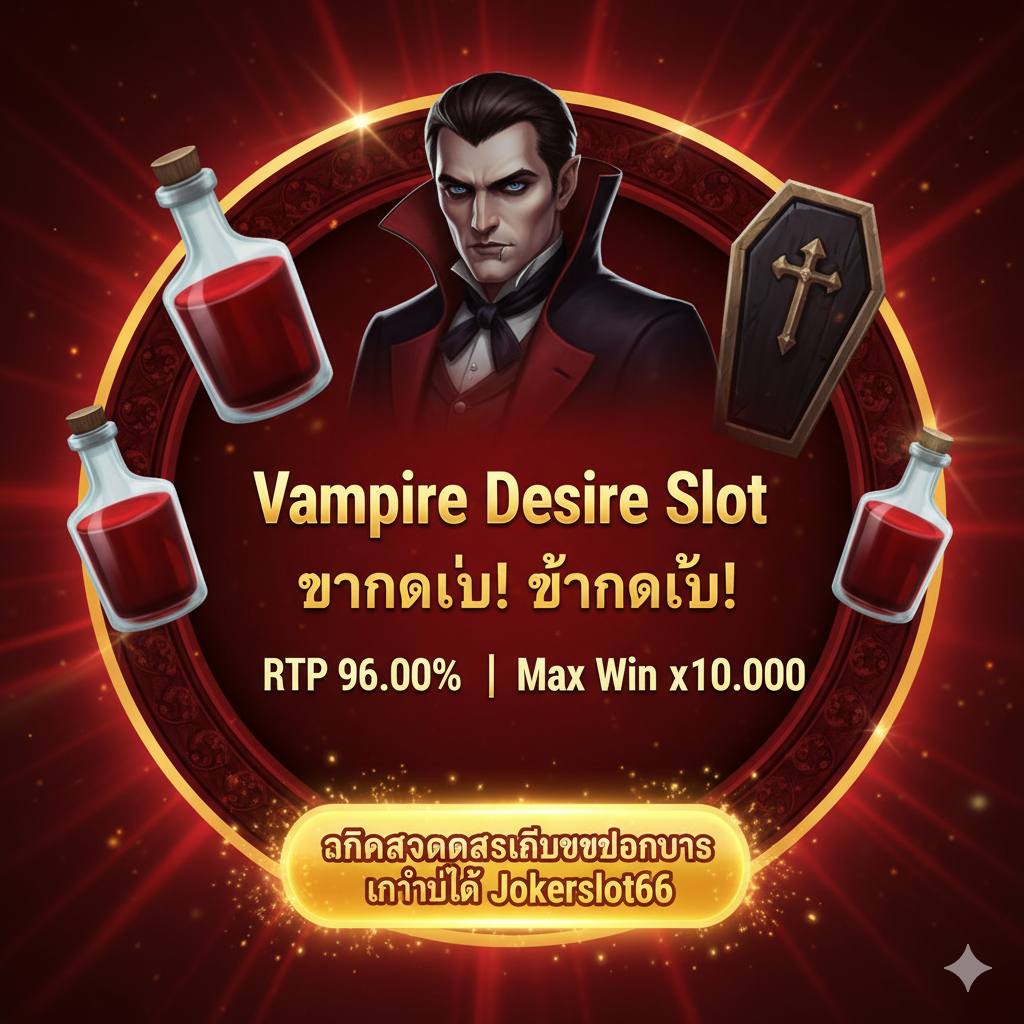 ภาพสรุปและกระตุ้นการตัดสินใจ (Call to Action) ใช้ภาพไอคอนหรือสัญลักษณ์หลักๆ จากเกม (เช่น ขวดเลือด, ท่านเคานต์, โลงศพ) จัดเรียงเป็นวงกลมหรือกรอบ พร้อมข้อความสรุปขนาดใหญ่ว่า 'Vampire Desire Slot แตกง่าย! RTP 96.00% | Max Win x10,000' อยู่ตรงกลาง ด้านล่างมีปุ่ม CTA ขนาดใหญ่พร้อมข้อความกระตุ้นให้ 'คลิกสมัครสมาชิกรับโบนัสทันทีที่ Jokerslot66' ใช้สีสว่างและมีพลังเพื่อสร้างความรู้สึกถึงโอกาสในการชนะและปิดท้ายการขาย.