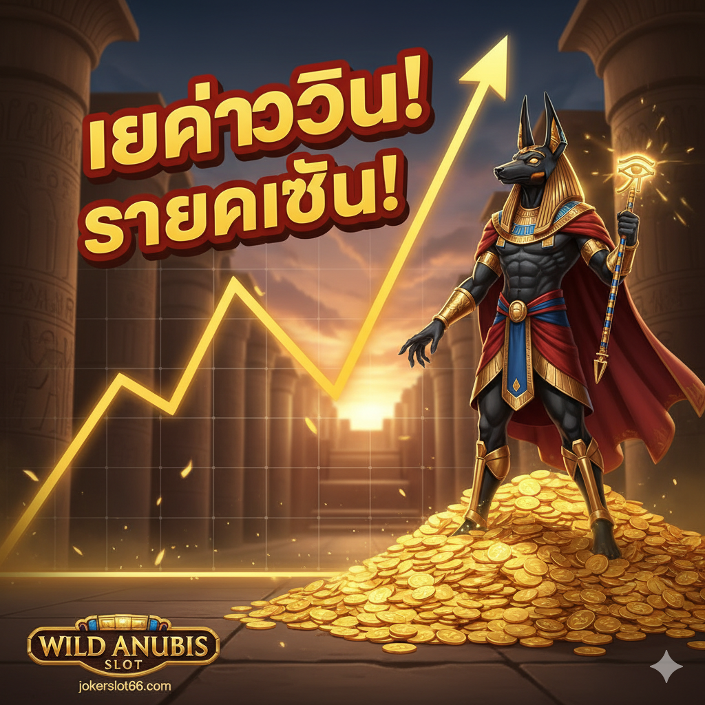 ภาพเปรียบเทียบหรือเน้น 'ความผันผวนสูง (High Volatility)' ของเกม Wild Anubis Slot โดยมีองค์ประกอบของกราฟแสดงการเติบโตของรางวัลที่พุ่งสูงขึ้นอย่างรวดเร็ว (Spike) แทนที่จะเป็นกราฟเส้นตรง เน้นคำว่า 'Mega Win' หรือ 'รางวัลใหญ่' ที่อยู่ด้านบนของภาพ มีสัญลักษณ์เทพอนูบิสยืนอยู่บนกองเหรียญทองขนาดใหญ่และถือคทาเพื่อแสดงถึงความมั่งคั่งและโอกาสในการชนะที่สูง ภาพควรมีพลังและโทนสีที่ดึงดูดใจ (Deep Gold/Red)