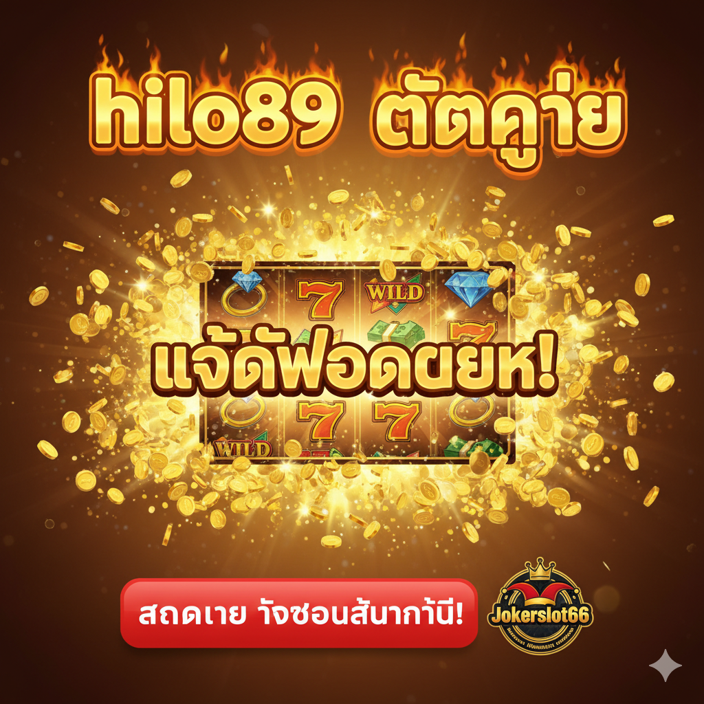 ภาพสรุปและกระตุ้นการตัดสินใจ (CTA) ที่เน้นว่า 'hilo89 แตกง่าย' (Hilo89 Easy to Win) องค์ประกอบหลักคือหน้าจอเกมสล็อตที่กำลังแสดงผล 'แจ็กพอตแตก!' (Jackpot Hit!) ตัวอักษรขนาดใหญ่ พร้อมเหรียญทองจำนวนมากที่ระเบิดออกมาจากหน้าจอ สร้างความรู้สึกตื่นเต้นและชัยชนะ ด้านล่างมีปุ่ม CTA ขนาดใหญ่สีแดงสด เขียนว่า 'สมัครเลย รับโบนัสทันที!' (Apply Now, Get Bonus!) พร้อมโลโก้ Jokerslot66 โทนสีโดยรวมร้อนแรง ใช้สีทอง สีส้ม และสีแดง