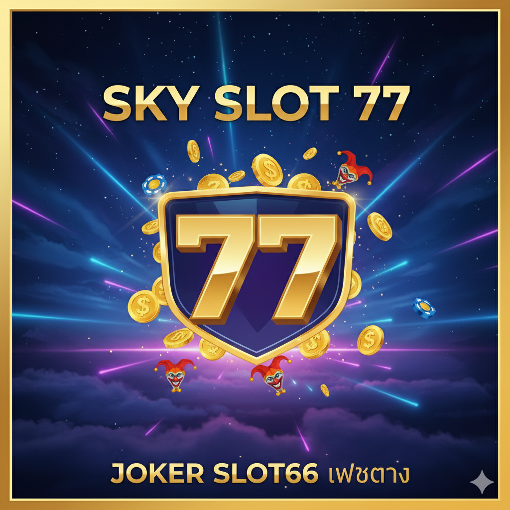 ภาพหน้าปกที่หรูหราและดึงดูดสายตาสำหรับ 'Sky Slot 77' บน Jokerslot66 องค์ประกอบกลางคือโลโก้ '77' สีทองแวววาว ล้อมรอบด้วยเหรียญทองและสัญลักษณ์โจ๊กเกอร์ที่โปรยปราย พื้นหลังเป็นท้องฟ้ายามค่ำคืนสีน้ำเงินเข้มไล่ระดับไปจนถึงสีม่วง (สื่อถึง 'Sky') พร้อมแสงนีออนที่ส่องสว่าง ข้อความ 'Sky Slot 77' และ 'Jokerslot66 เว็บตรง' โดดเด่นชัดเจน สไตล์โดยรวมดูพรีเมียม, น่าตื่นเต้น, และใช้สีทอง, น้ำเงินรอยัล, และม่วงเพื่อสื่อถึงความมั่งคั่งและความสนุกสนาน