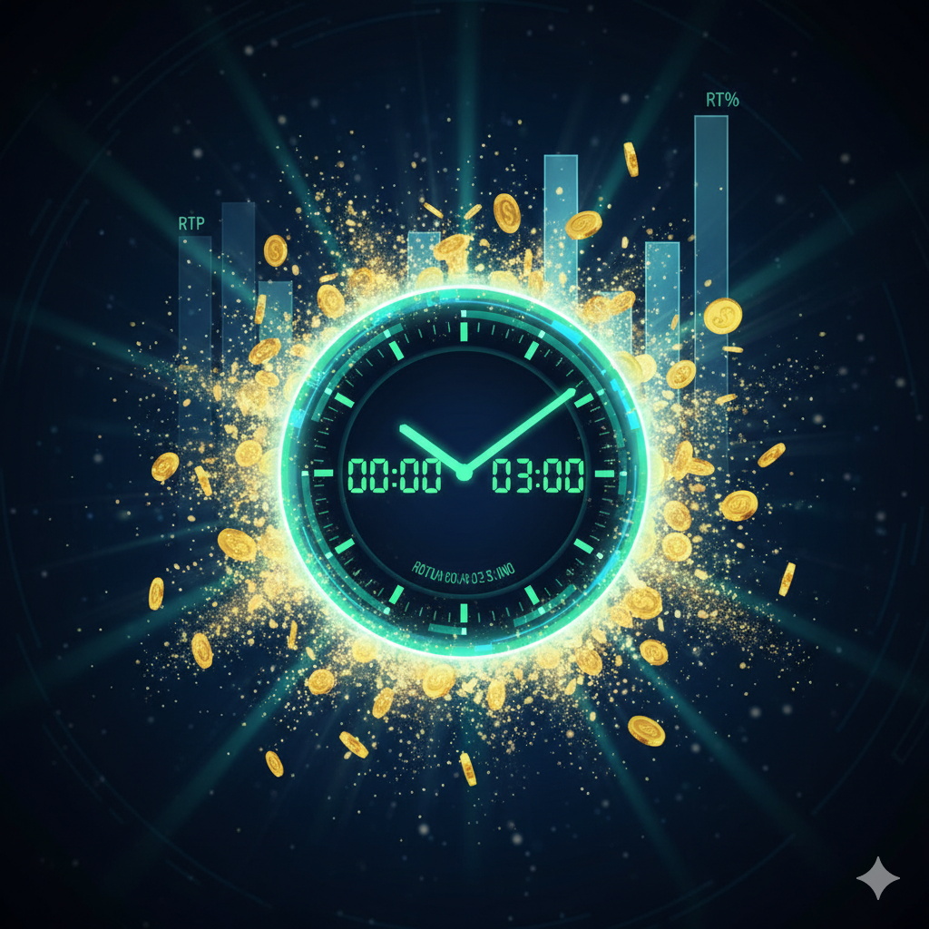 ภาพที่เน้นย้ำถึงข้อได้เปรียบ 'Sky Slot 77 แตกง่าย' โดยเฉพาะ 'เวลาแตก' ที่ดีที่สุดตามที่บทความแนะนำ องค์ประกอบหลักคือนาฬิกาที่ทันสมัยชี้ไปที่ช่วงเวลา (เช่น 00:00 - 03:00) ล้อมรอบด้วยเอฟเฟกต์เหรียญทองที่ระเบิดออกมาเพื่อสื่อถึงแจ็กพอต อาจมีกราฟแท่งที่แสดงอัตราการชนะ (RTP) สูงอยู่เบื้องหลัง โทนสีใช้สีเขียว (สื่อถึงการชนะ) และสีทอง (สื่อถึงเงินรางวัล) บนพื้นหลังที่ดูลึกลับน่าค้นหา