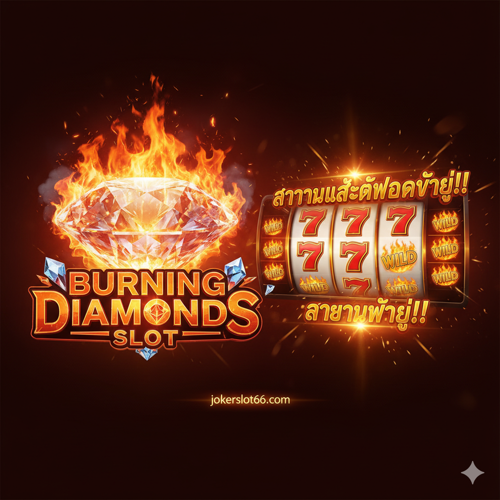 ออกแบบภาพปกที่มีคุณภาพสูง ไดนามิก 3D โดยเน้นที่โลโก้เกม 'Burning Diamonds Slot' เพชรขนาดใหญ่ที่ลุกเป็นไฟ หน้าจอเครื่องสล็อตที่มีสัญลักษณ์ 777 หรือ Wild ที่ระเบิดออกมาเป็นข้อความภาษาไทย 'JACKPOT' หรือ 'MEGA WIN' สีสันสดใสเน้นสีส้มแดงและเพชรขาว/น้ำเงิน เพื่อสร้างความตื่นเต้นและบ่งบอกถึงอัตราการแตกสูงบน jokerslot66.com