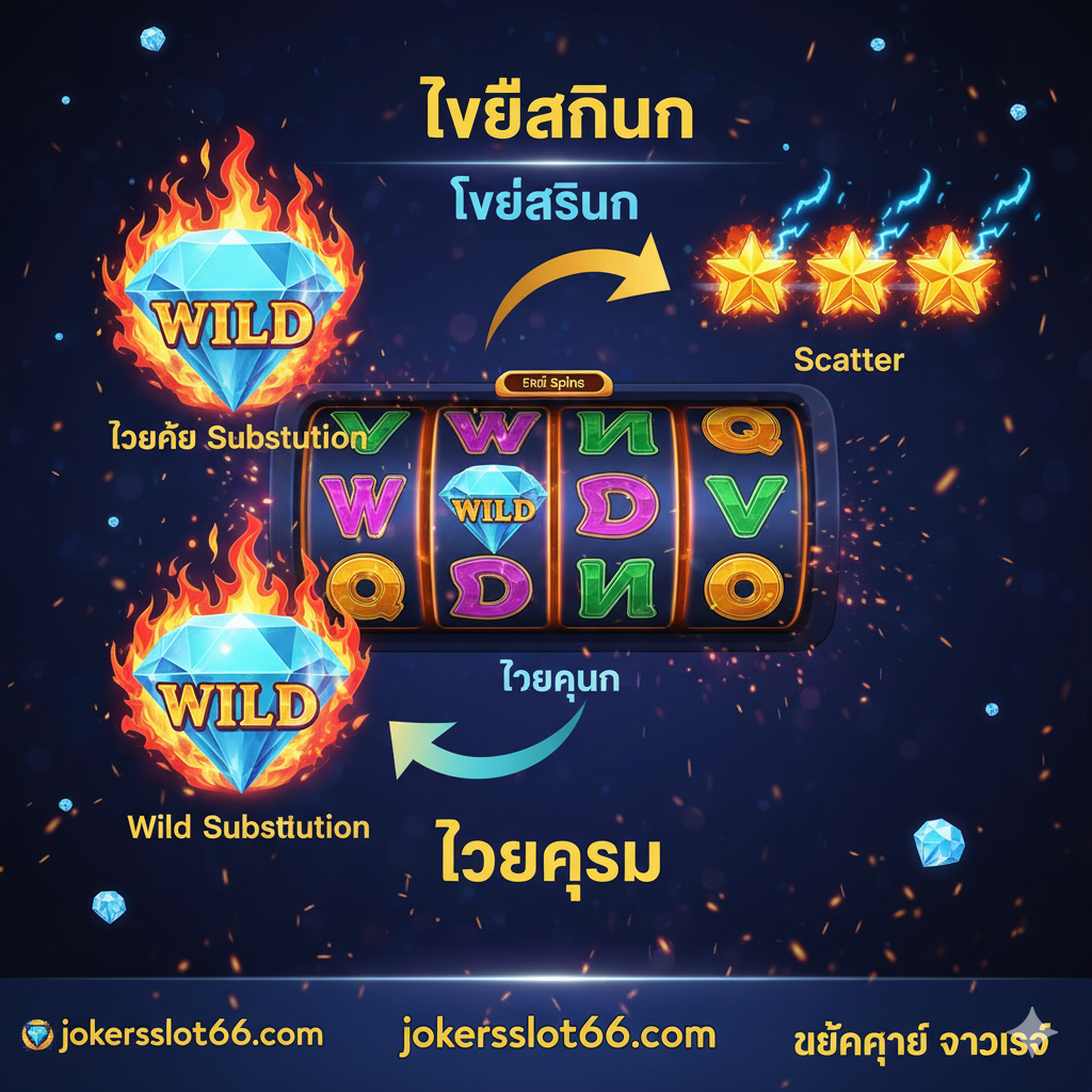 ออกแบบอินโฟกราฟิก แสดงฟีเจอร์หลักของเกมบนวงล้อ 5x3 โดยเน้นสัญลักษณ์ Wild เพชรไฟ และ Scatter ดาวประกายไฟ พร้อมข้อความภาษาไทย 'ฟรีสปิน' และ 'ตัวคูณ' เพื่ออธิบายกลไกที่ทำให้เกม 'แตกง่าย'