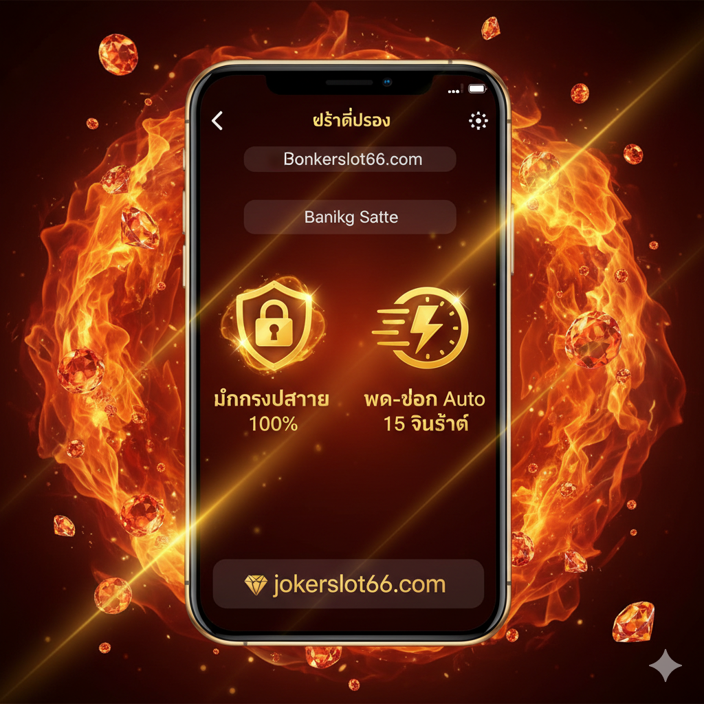 ออกแบบภาพที่เน้นข้อดีของการเล่นบน jokerslot66.com โดยมีไอคอนความปลอดภัย 'มั่นคงปลอดภัย 100%' และไอคอนความเร็ว 'ฝาก-ถอน Auto 15 วินาที' เป็นภาษาไทยในสไตล์ที่ดูน่าเชื่อถือและเป็นมืออาชีพ