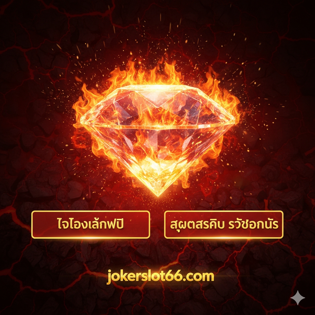 ออกแบบภาพสรุป CTA ที่เน้นพลังงานสูง โดยมีเพชรขนาดใหญ่ที่ลุกเป็นไฟและกำลังจะระเบิด พร้อมปุ่มหรือข้อความที่เน้น 'ทดลองเล่นฟรี' และ 'สมัครสมาชิก รับโบนัส' เป็นภาษาไทย เน้นโลโก้ jokerslot66.com และโทนสีแดงดำทองเพื่อสร้างความเร่งด่วนและคาดหวังผลตอบแทนสูง
