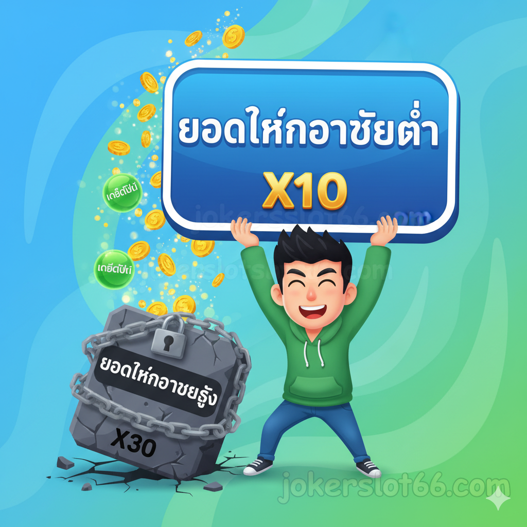 优势特点图,强调“ยอดเทิร์นโอเวอร์ต่ำ”และ“เครดิตฟรี”。图片应描绘一个玩家(最好是泰国人形象的卡通人物)轻松地举起一个巨大的“X10”或“เทิร์นต่ำ”标志,而在他旁边,一个沉重的、布满锁链的“X30”或“เทิร์นสูง”标志被轻易推倒。背景中应有“jokerslot66”的浮水印,强化其作为优势平台的角色。色彩应使用积极的蓝色และ绿色,表达“轻松”และ“高回报”的优势,具有强烈的视觉对比效果。