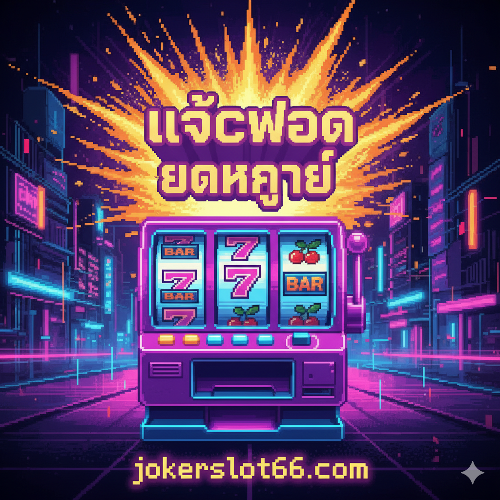 一张醒목의封面图,风格为高分辨率的Pixel Art。画面主体是一个经典的3-reel老虎机,机身颜色为霓虹紫和电子蓝,滚轮上是高亮的像素化图标如777、BAR和Cherry。背景是带有故障艺术(Glitch Art)效果的้อน霓虹灯城市夜景,充满复古未来主义(Retrofuturism)氛围。构图上,老虎机居中,上方有爆炸式的金色像素光芒,强调“Jackpot”和“แตกง่าย”(Easy Win)的主题。整体色彩对比强烈,光影模拟8-bit游戏的强烈电子光感,符合关键词“pixel slot machine”。