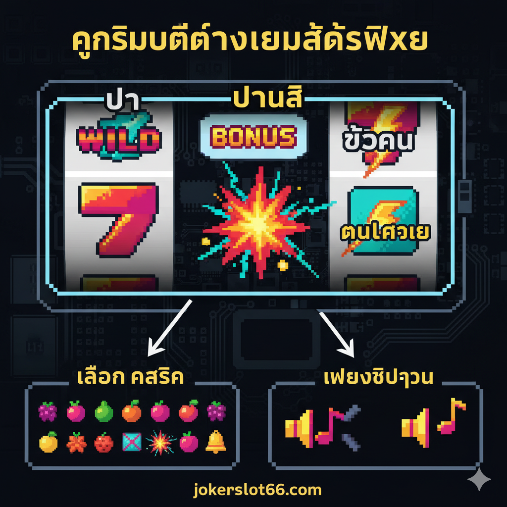 功能特性图，用于展示Pixel Slot Machine的独特元素。画面以一个放大的老虎机滚轮局部为核心，重点展示高清晰度的像素化图标，如一个闪烁的'Wild'文字、一个爆炸的'Bonus'符号，和一个带有闪电效果的'Multiplier'图标。这些图标采用明亮的8-bit调色板（红、黄、青、洋红），背景为深色电子电路板纹理，强调'ไอคอนคลาสสิก' และ 'เพลง Chip-tune' 的技术感和经典性。构图清晰地将核心游戏元素分类呈现，并用箭头指示其功能。