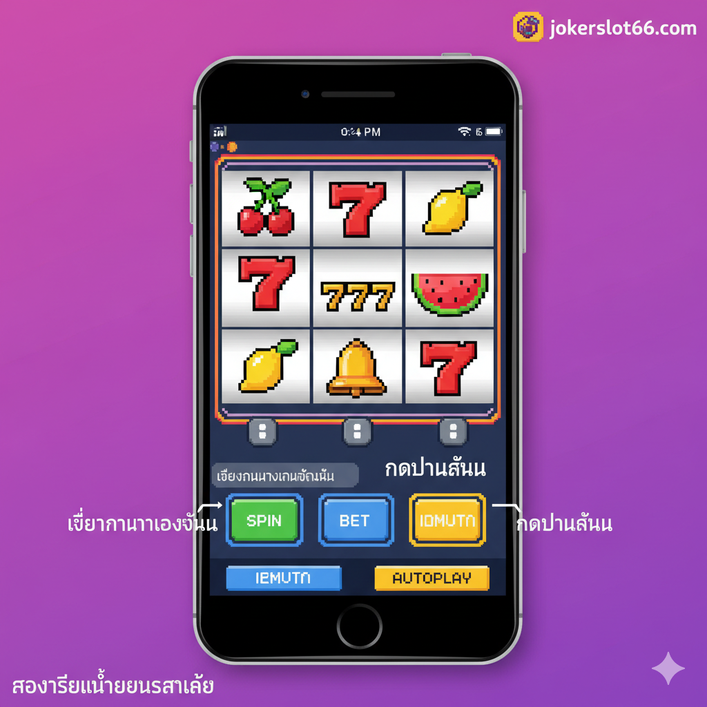 教程指导图,模拟一个手机屏幕上的游戏界面,展示如何进行游戏。屏幕主体是一个正在旋转的5x3 Pixel Slot界面,滚轮上是像素化水果、Bell和777。画面下方是游戏控制面板,有清晰的像素化按钮,如'SPIN'(绿色)、'BET'(蓝色)和'AUTOPLAY'(黄色)。旁边有泰语说明文字(像素化字体),例如'เลือกจำนวนเงินเดิมพัน'(选择投注金额)和'กดปุ่มหมุน'(按下旋转按钮)。整体采用简洁明快的8-bit界面设计,突出操作的'ความเรียบง่าย'(简易性)和安全性,配上 jokerslot66.com 的小像素化Logoใน角落。