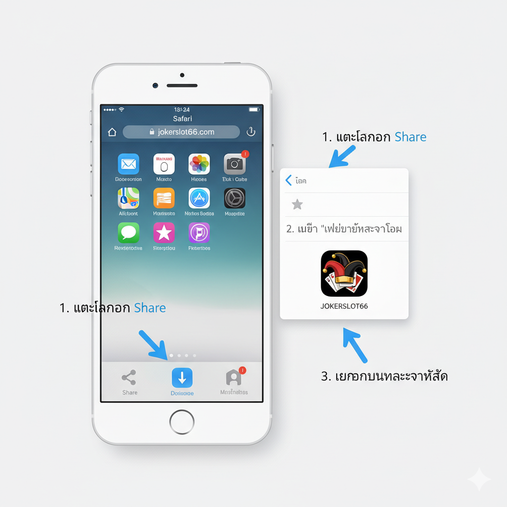 ภาพขั้นตอนการ 'Add to Home Screen' บน iPhone ที่เรียบง่ายและเข้าใจง่าย แสดงภาพหน้าจอ iPhone ที่จำลองการเปิดเบราว์เซอร์ Safari บนเว็บไซต์ Jokerslot66.com มีลูกศรชี้ไปยังขั้นตอนที่สำคัญ: 1) แตะไอคอน Share (สี่เหลี่ยมลูกศรขึ้น) 2) เลือก 'Add to Home Screen' และ 3) ไอคอน Jokerslot66 ที่ปรากฏบนหน้าจอหลักของ iPhone ภาพควรมีความสะอาด (Clean) และใช้สีขาว/เทาของอินเทอร์เฟซ iOS เป็นพื้นหลัง ตัดกับสีโลโก้ของ Jokerslot66 เพื่อให้ผู้ใช้สามารถทำตามได้ง่าย สื่อถึงความสะดวกในการเข้าถึง 'สล็อตเงินจริง ios' เพียงสัมผัสเดียว