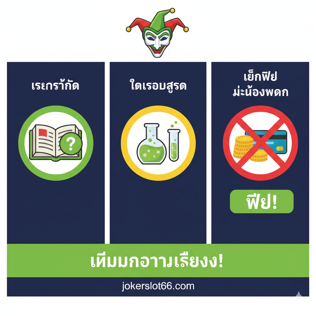 ฟังก์ชันภาพ: เน้น Slot Demo การเรียนรู้ที่ปราศจากความเสี่ยง โดยมีไอคอนการเรียนรู้กฎ การทดสอบสูตร และการเล่นฟรี