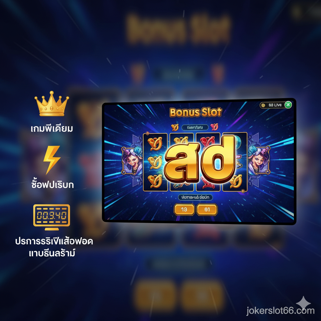 ภาพความได้เปรียบ: เน้นที่ Live Slot และ Joker Slot พร้อมไอคอนสำหรับเกมพรีเมียม ซื้อฟีเจอร์/การโต้ตอบ และแจ็คพอตแบบเรียลไทม์