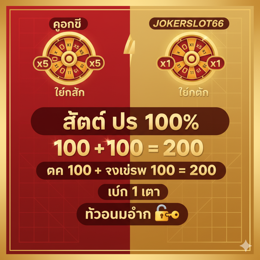 功能特性图,突出“เทิร์นต่ำ 1 เท่า”和“ถอนไม่อั้น”的核心优势。图片设计为对比鲜明的图表风格,左侧是红色的“คู่แข่ง”区域,显示一个高倍数的转盘(如x5),右侧是金色的“JOKERSLOT66”区域,显示一个极低的转盘(x1),形成强烈对比。中心是闪亮的数字“100 + 100 = 200”和“Turn 1X”的图标,同时有一个金色的锁และ一把钥匙打开的图标,象征“ถอนไม่อั้น”,配色高亮且信息清晰,强调易于达成的提现条件。