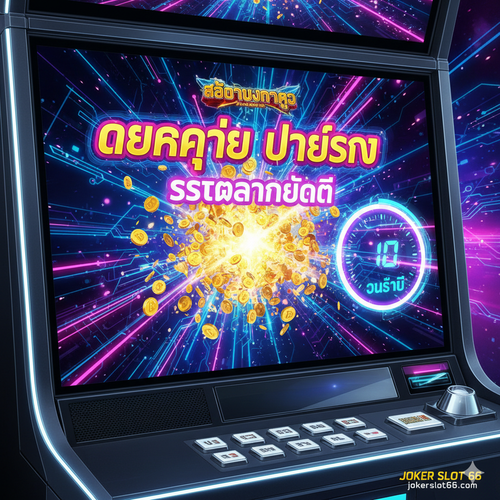 A futuristic Joker Slot 66 game screen showing a jackpot explosion of Thai Baht symbols, with a fast-running 10-second timer to emphasize quick deposits and withdrawals.