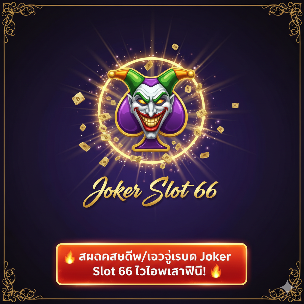 A vibrant Joker Slot 66 Logo surrounded by golden victory light and flying Thai Baht symbols, with a clear, large button visual element at the bottom that reads “🔥 สมัครสมาชิก/เข้าสู่ระบบ Joker Slot 66 ทดลองเล่นฟรี! 🔥” to guide immediate action.