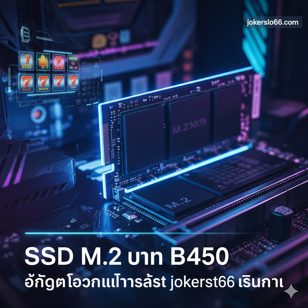 ภาพเพื่อเป็นบทความปก ที่มีองค์ประกอบของ SSD M.2 บน B450 ที่มีแสงนีออนและเกมสล็อต