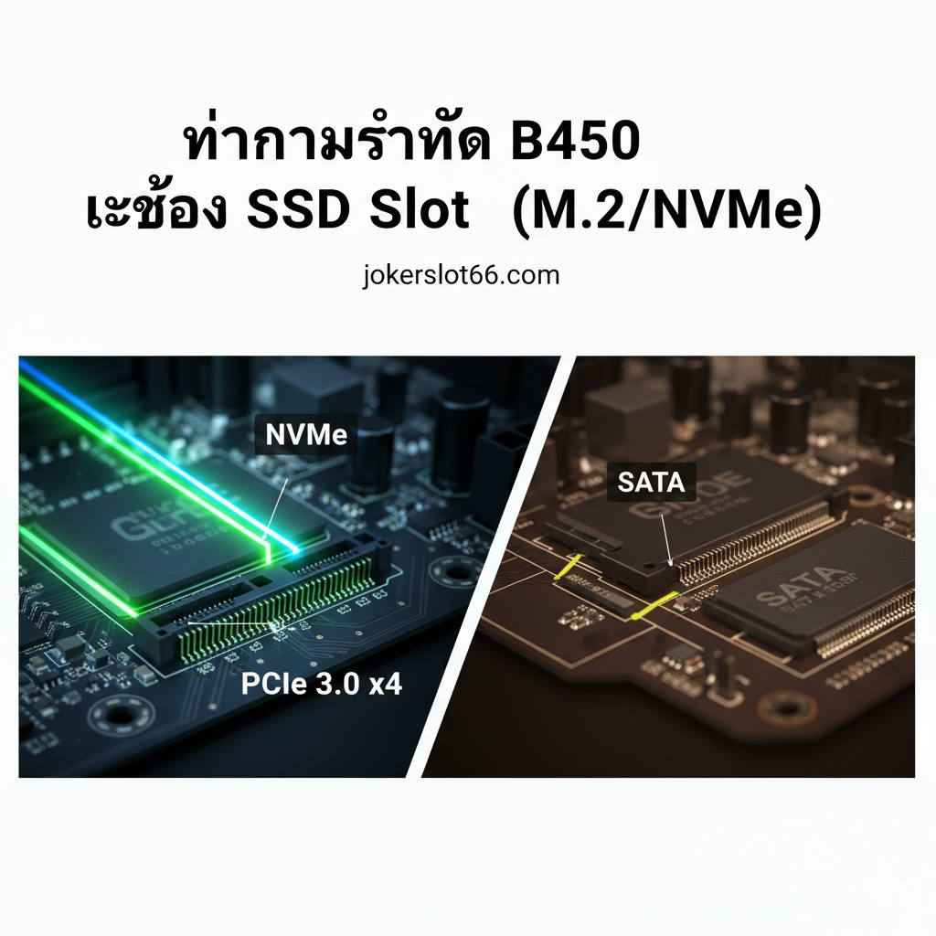 ภาพเพื่ออธิบายช่อง SSD สองประเภทบนเมนบอร์ด B450 คือ M.2 NVMe และ SATA โดยเน้นที่ M.2 NVMe