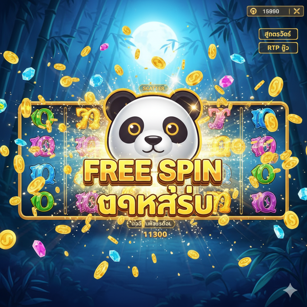 功能图片突出'Free Spin'และ'แตกง่าย'（易爆奖）。图片主体应是老虎机游戏界面中一个令人兴奋的'大赢'หรือ'免费旋转模式'激活的画面。一个放大且闪亮的'Scatter'หรือ'Wild'符号作为中心元素。周围环境是爆炸性的财富效果, 如金币飞溅, ダイヤモンド闪光。色彩以深蓝色และ亮黄色为主, 增强视觉冲击力。ใน画面一角可加入一个小的泰语文字提示如 'สูตรสล็อต' (老虎机公式) หรือ 'RTP สูง' (高RTP), 暗示游戏的高回报特性。